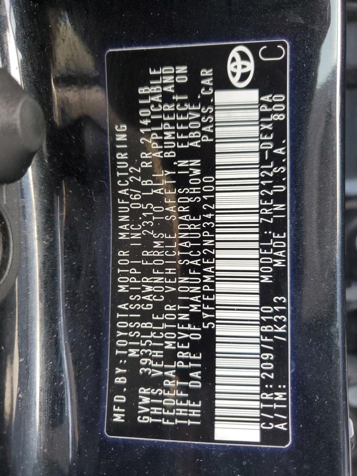 2022 TOYOTA COROLLA LE VIN:5YFEPMAE2NP342100