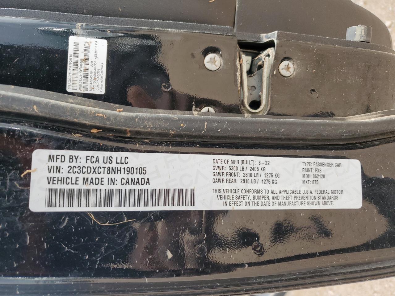 2022 DODGE CHARGER R/T VIN:2C3CDXCT8NH190105