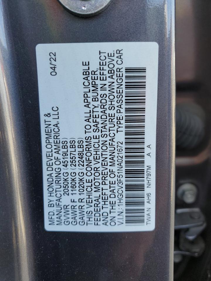 2022 HONDA ACCORD HYBRID EXL VIN:1HGCV3F51NA021672