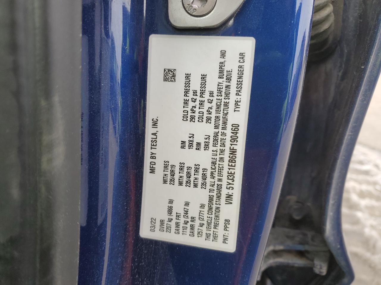 2022 TESLA MODEL 3  VIN:5YJ3E1EB6NF190460