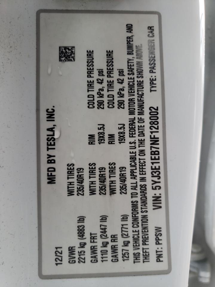 2022 TESLA MODEL 3  VIN:5YJ3E1EB7NF128002
