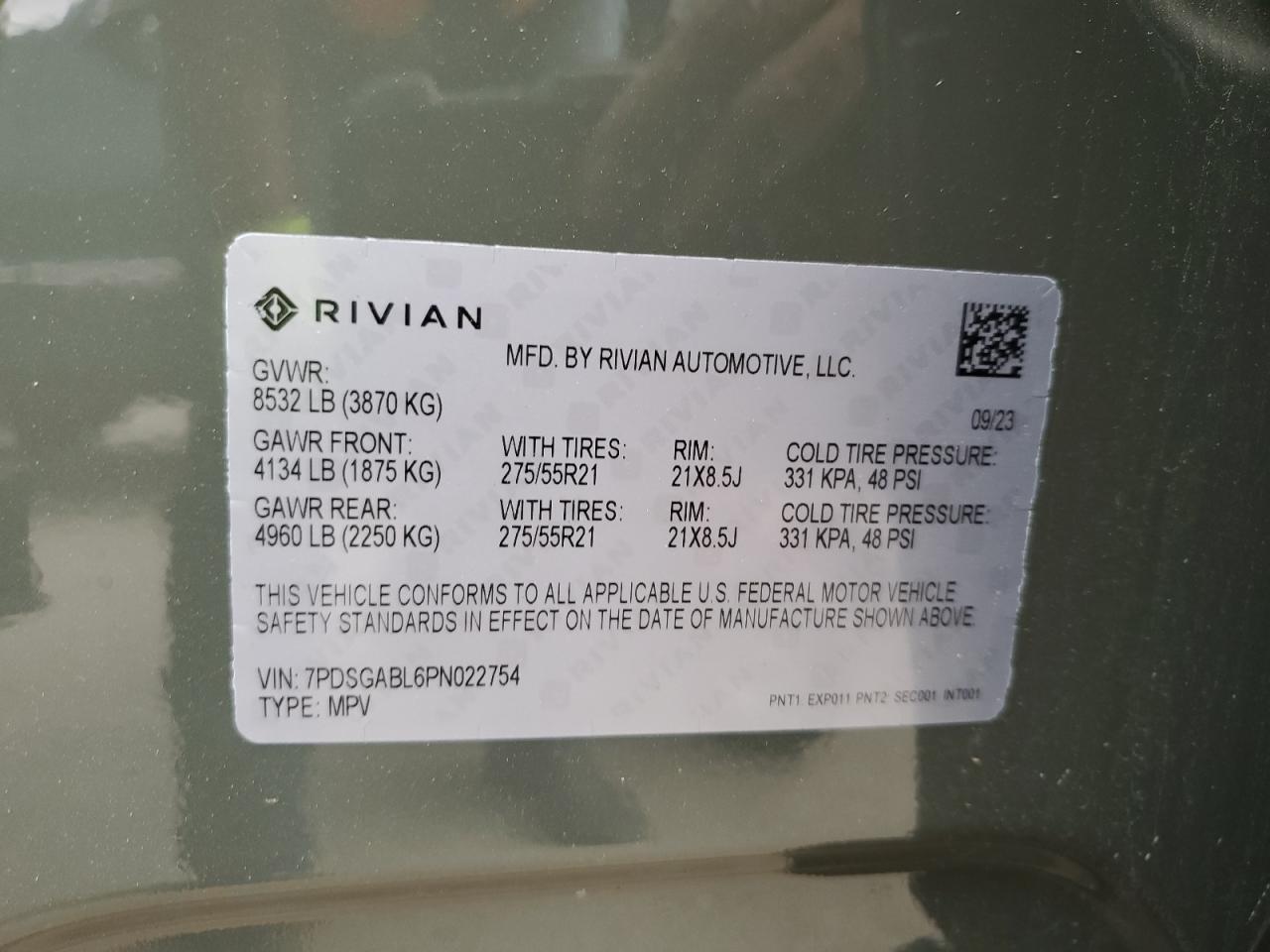 2023 RIVIAN R1S LAUNCH EDITION VIN:7PDSGABL6PN022754