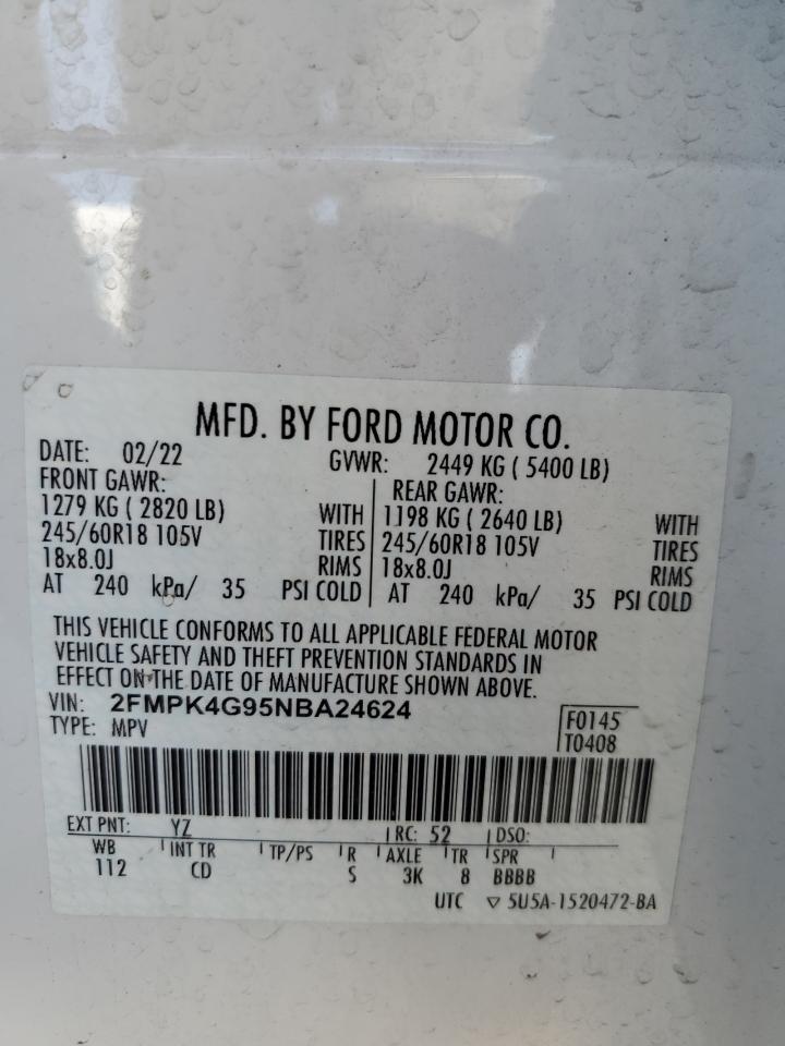 2022 FORD EDGE SE VIN:2FMPK4G95NBA24624