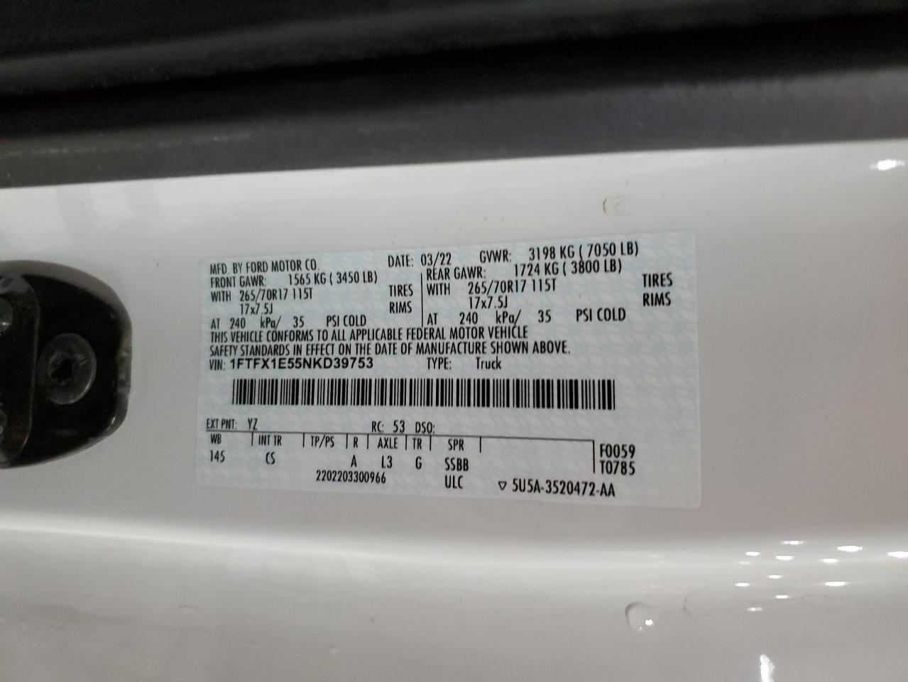 2022 FORD F150 SUPER CAB VIN:1FTFX1E55NKD39753