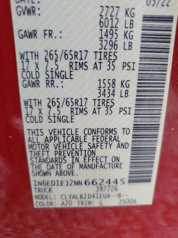 2022 NISSAN FRONTIER S VIN:1N6ED1EJ2NN662445
