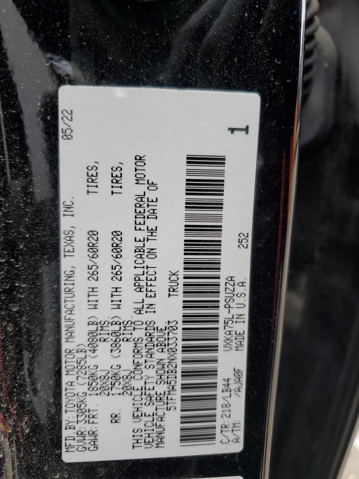 2022 TOYOTA TUNDRA CREWMAX PLATINUM VIN:1DW1A53221B501256