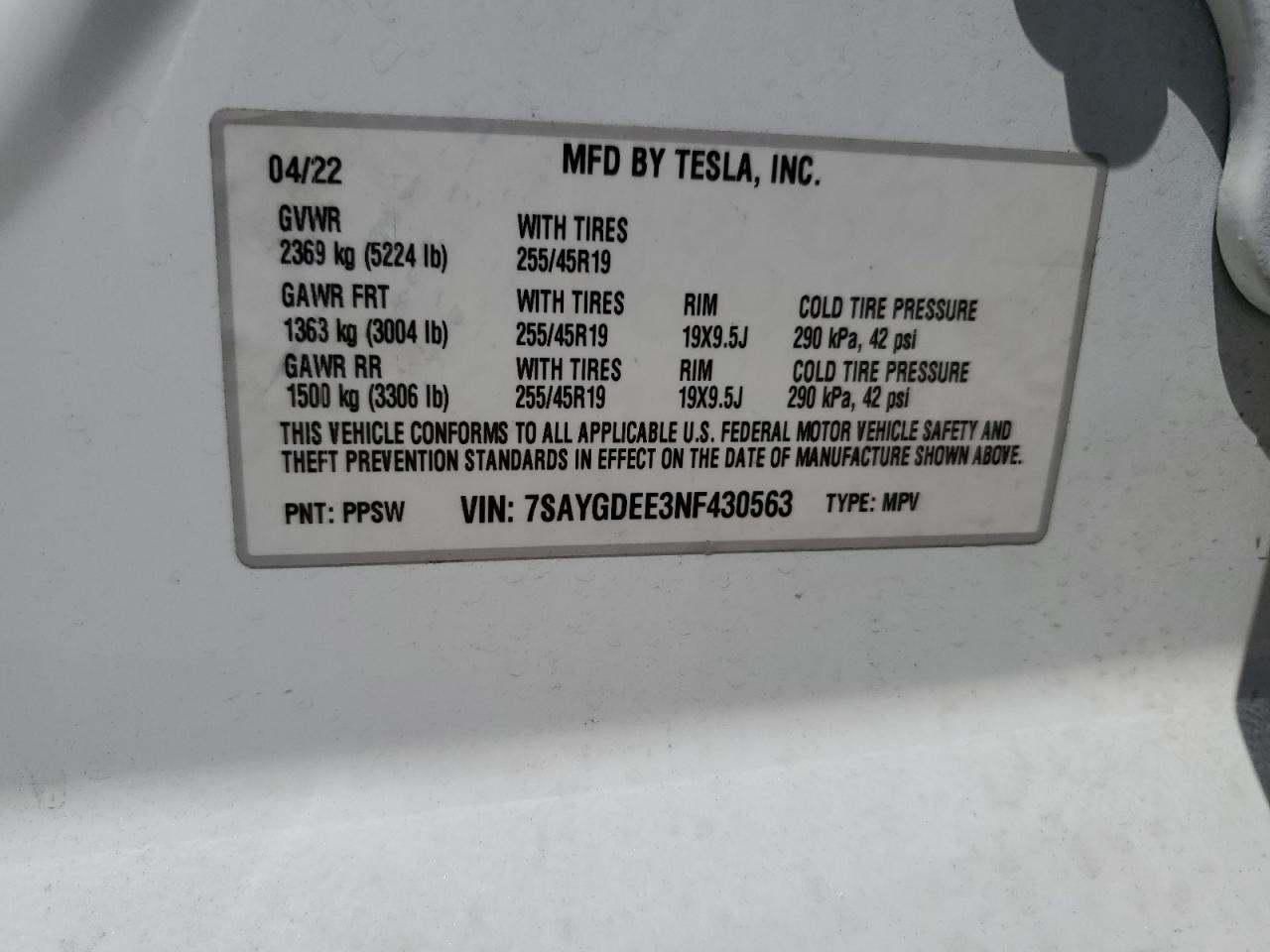 2022 TESLA MODEL Y  VIN:7SAYGDEE3NF430563