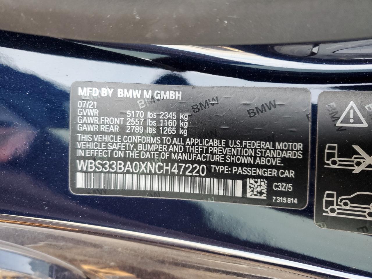 2022 BMW M4 COMPETITION VIN:WBS33BA0XNCH47220