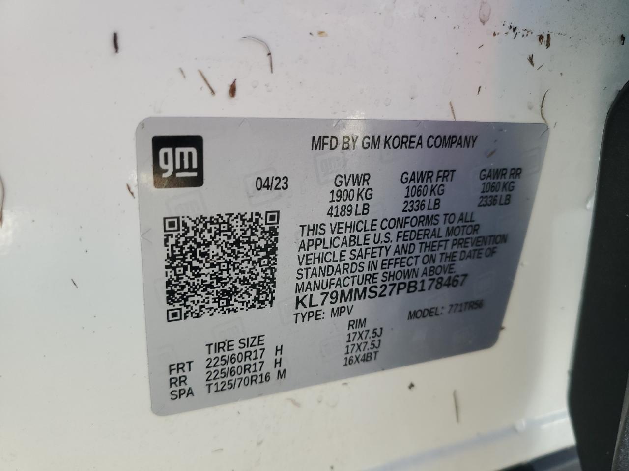 2023 CHEVROLET TRAILBLAZER LS VIN:KL79MMS27PB178467