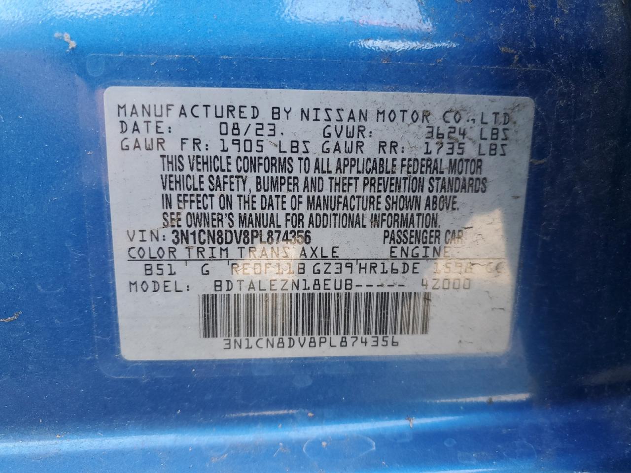2023 NISSAN VERSA S VIN:3N1CN8DV8PL874356