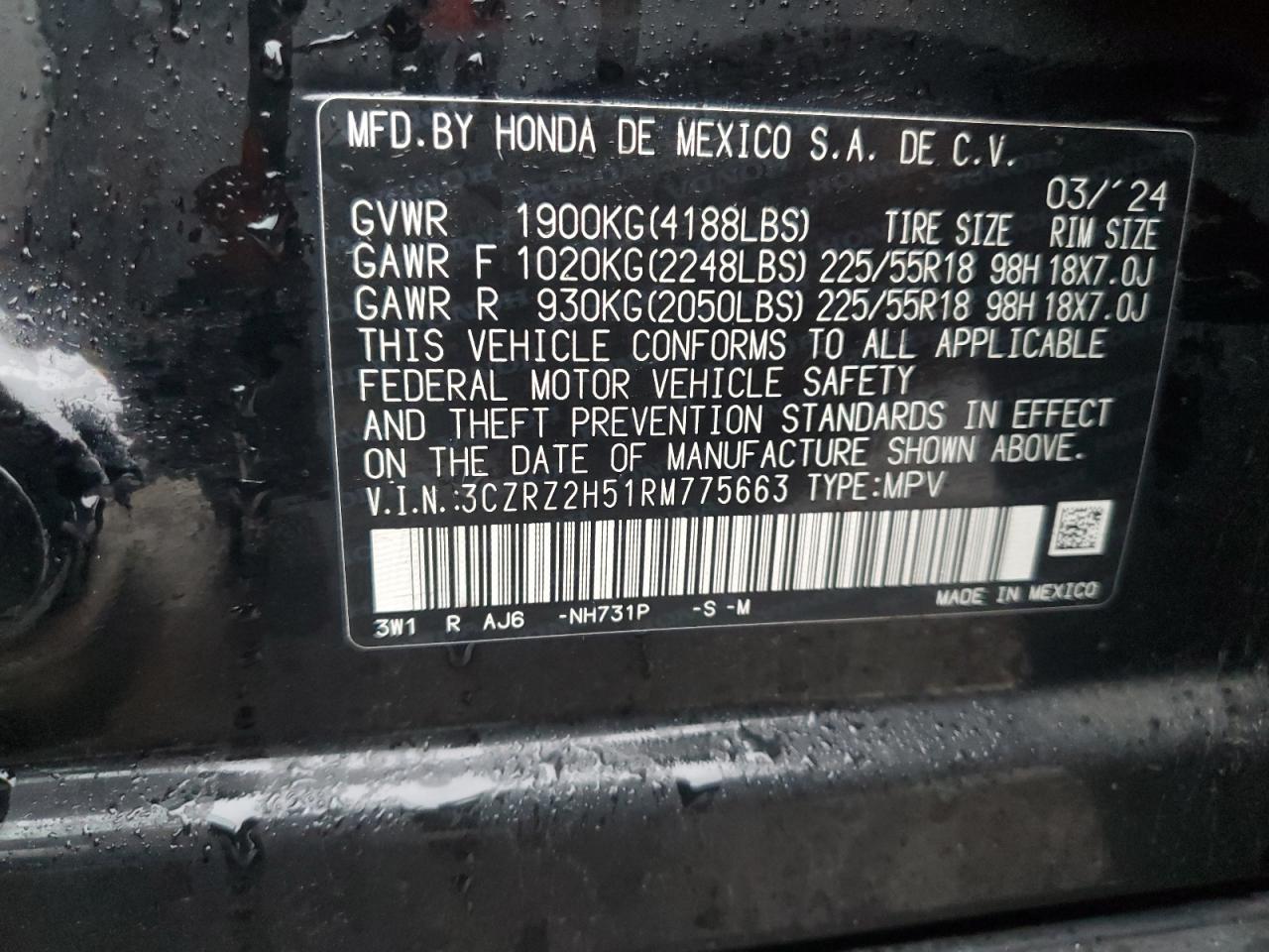 2024 HONDA HR-V SPORT VIN:3CZRZ2H51RM775663