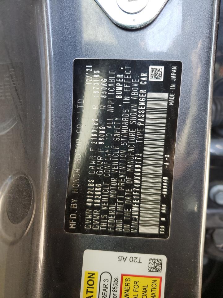 2022 HONDA CIVIC EX VIN:JHMFE1F74NX009173