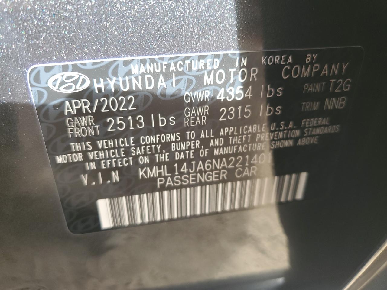 2022 HYUNDAI SONATA SEL VIN:KMHL14JA6NA221401