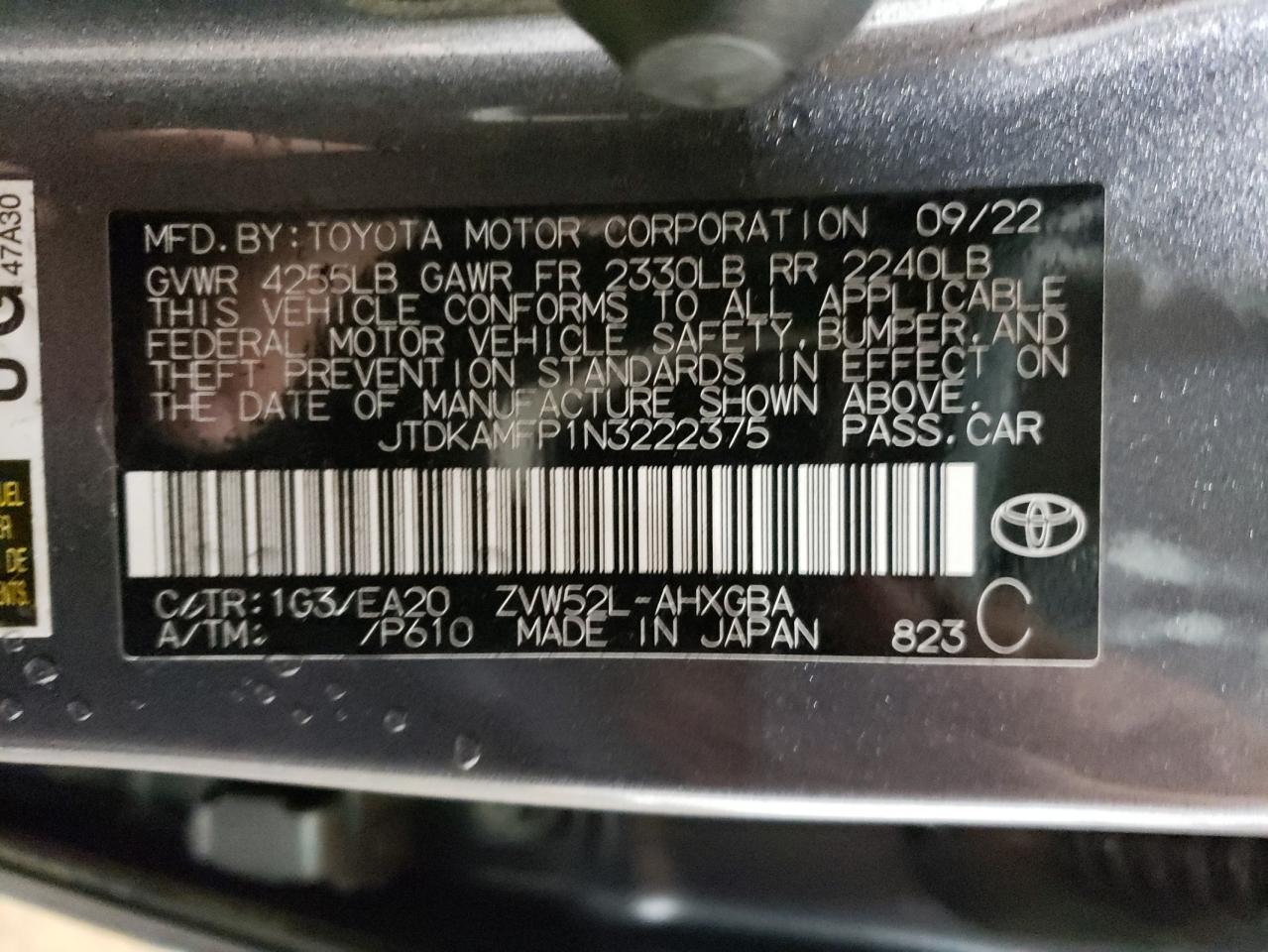 2022 TOYOTA PRIUS PRIME LE VIN:JTDKAMFP1N3222375