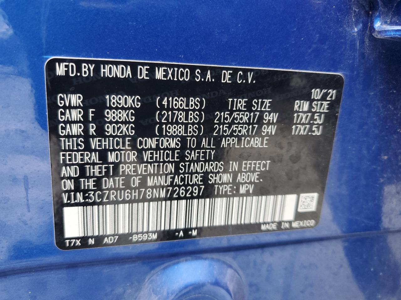 2022 HONDA HR-V EXL VIN:3CZRU6H78NM726297