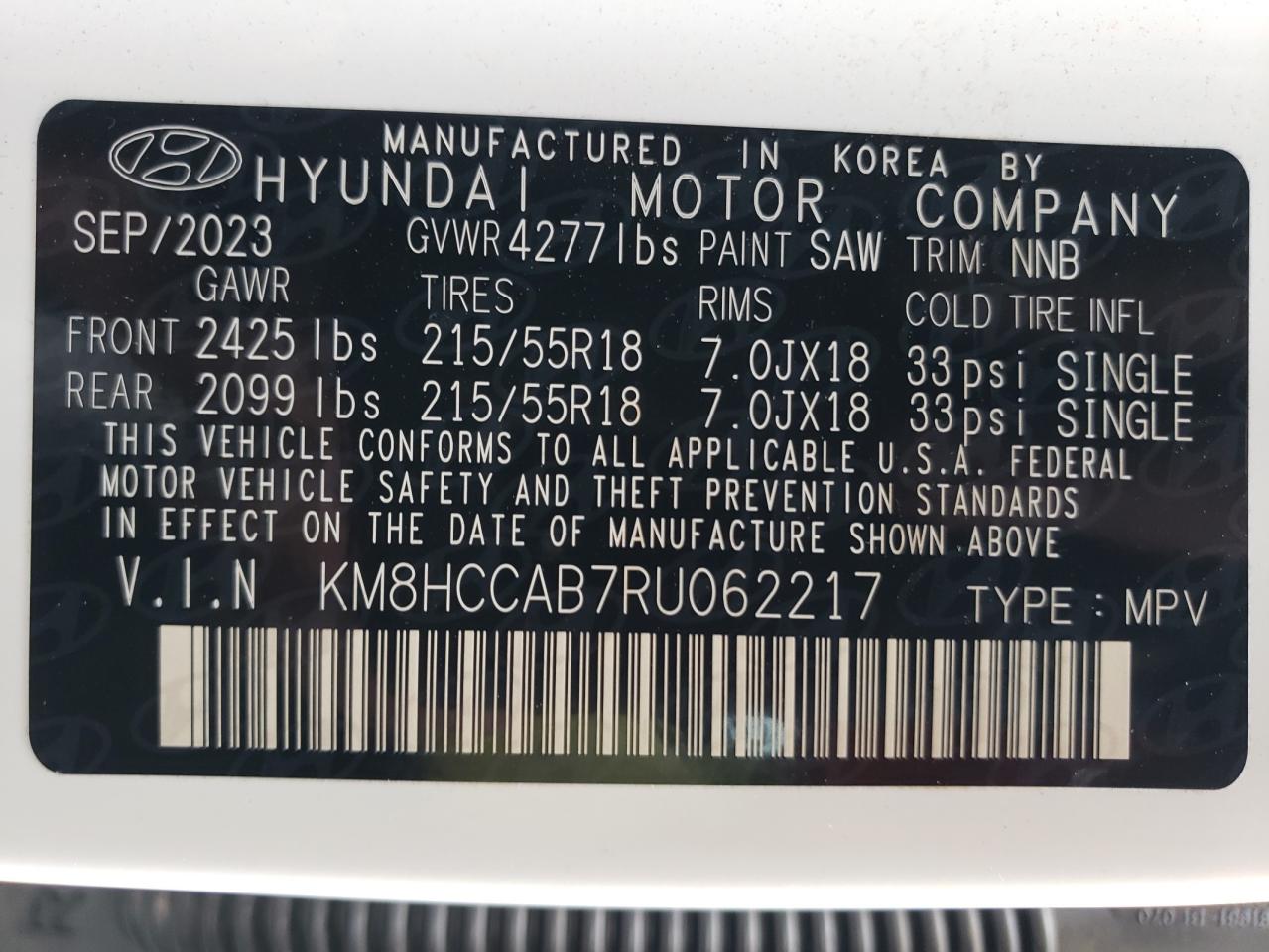 2024 HYUNDAI KONA SEL VIN:KM8HCCAB7RU062217