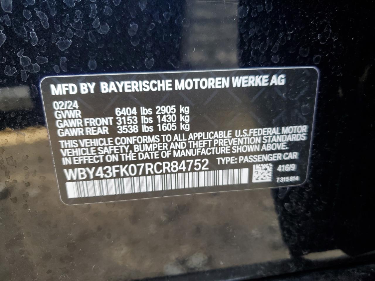 2024 BMW I5 M60 VIN:WBY43FK07RCR84752