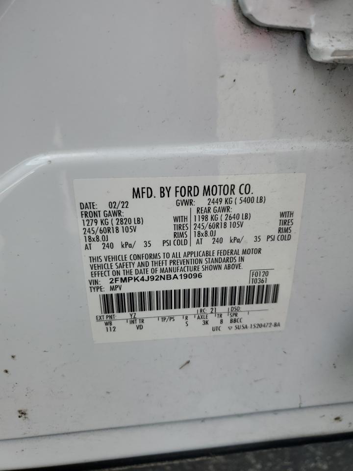 2022 FORD EDGE SEL VIN:2FMPK4J92NBA19096
