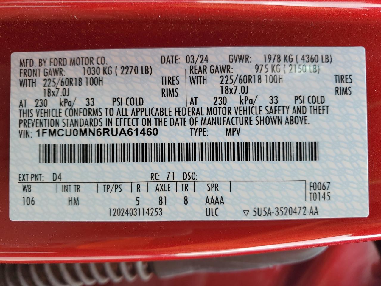 2024 FORD ESCAPE ST LINE VIN:1FMCU0MN6RUA61460