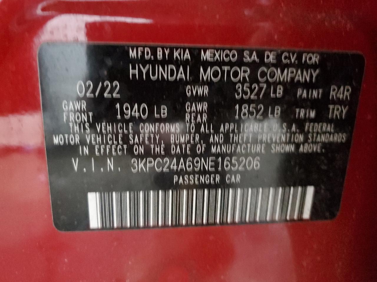 2022 HYUNDAI ACCENT SE VIN:3KPC24A69NE165206