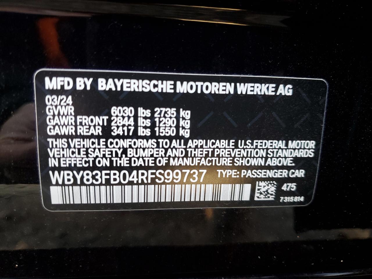 2024 BMW I4 XDRIVE 40 VIN:WBY83FB04RFS99737