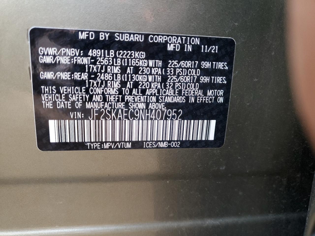 2022 SUBARU FORESTER PREMIUM VIN:JF2SKAEC9NH407952