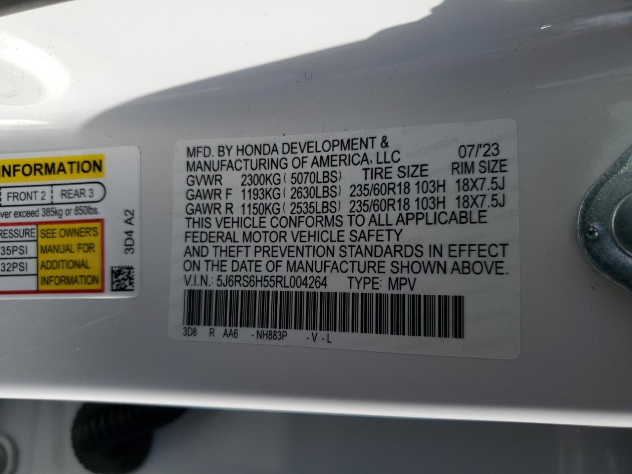 2024 HONDA CR-V SPORT VIN:5J6RS6H55RL004264
