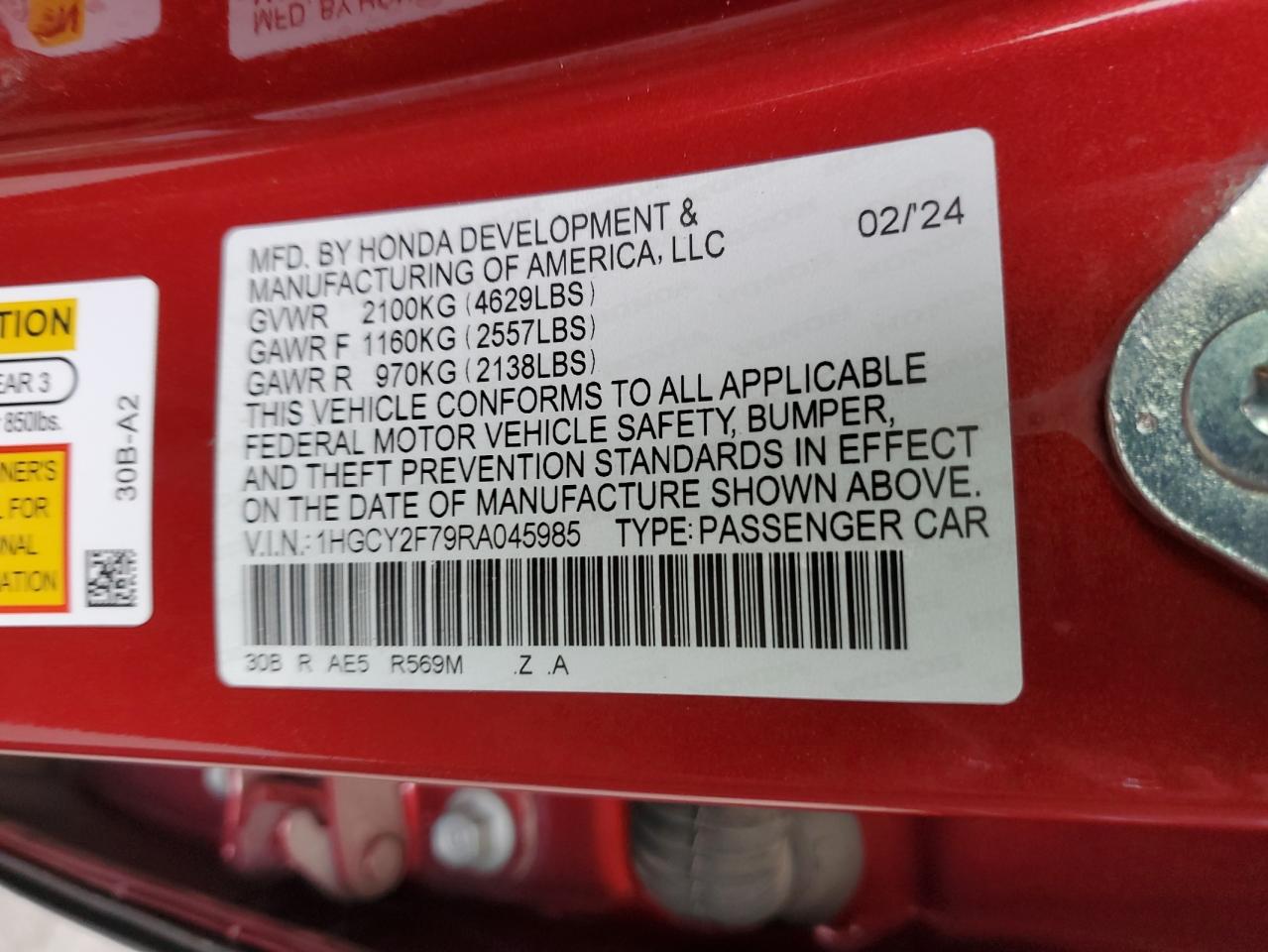 2024 HONDA ACCORD HYBRID SPORT-L VIN:1HGCY2F79RA045985