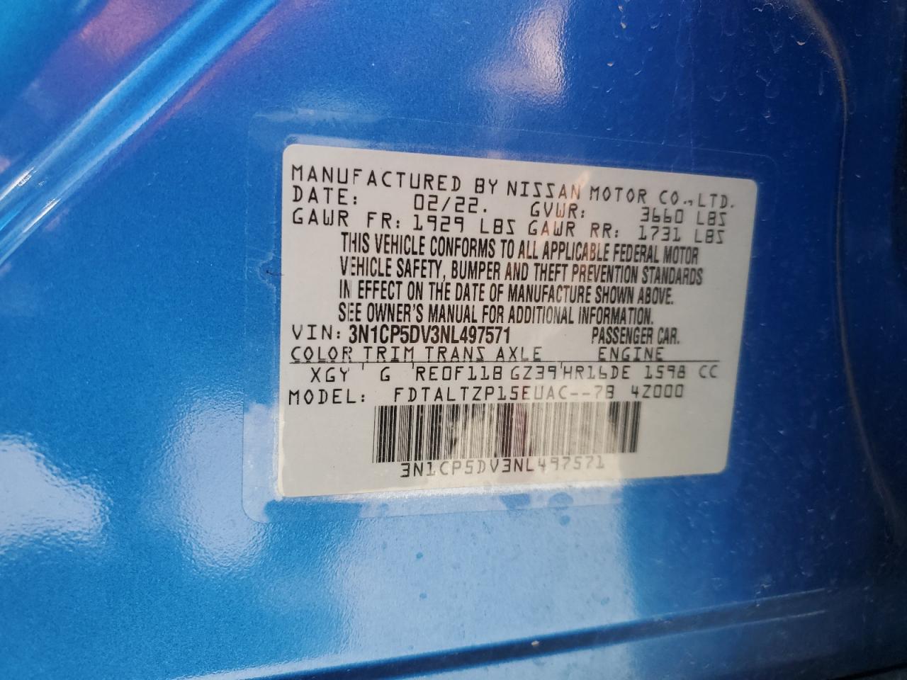 2022 NISSAN KICKS SR VIN:3N1CP5DV3NL497571