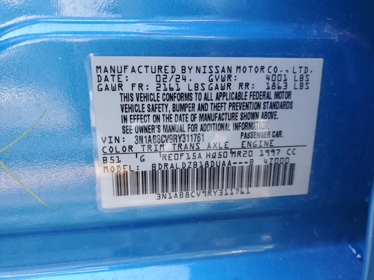 2024 NISSAN SENTRA SV VIN:3N1AB8CV9RY311761