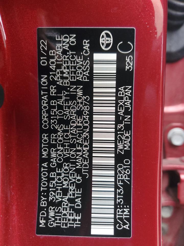 2022 TOYOTA COROLLA LE VIN:JTDEAMDE3NJ049873