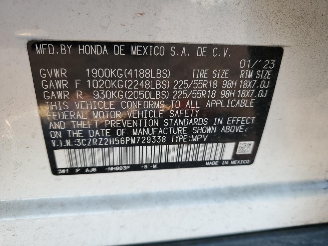 2023 HONDA HR-V SPORT VIN:3CZRZ2H56PM729338