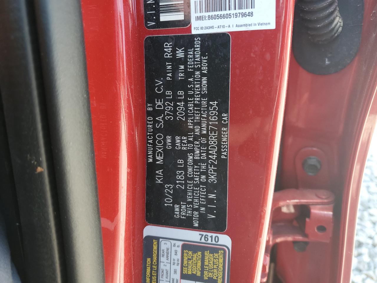 2024 KIA FORTE LX VIN:3KPF24AD8RE716954
