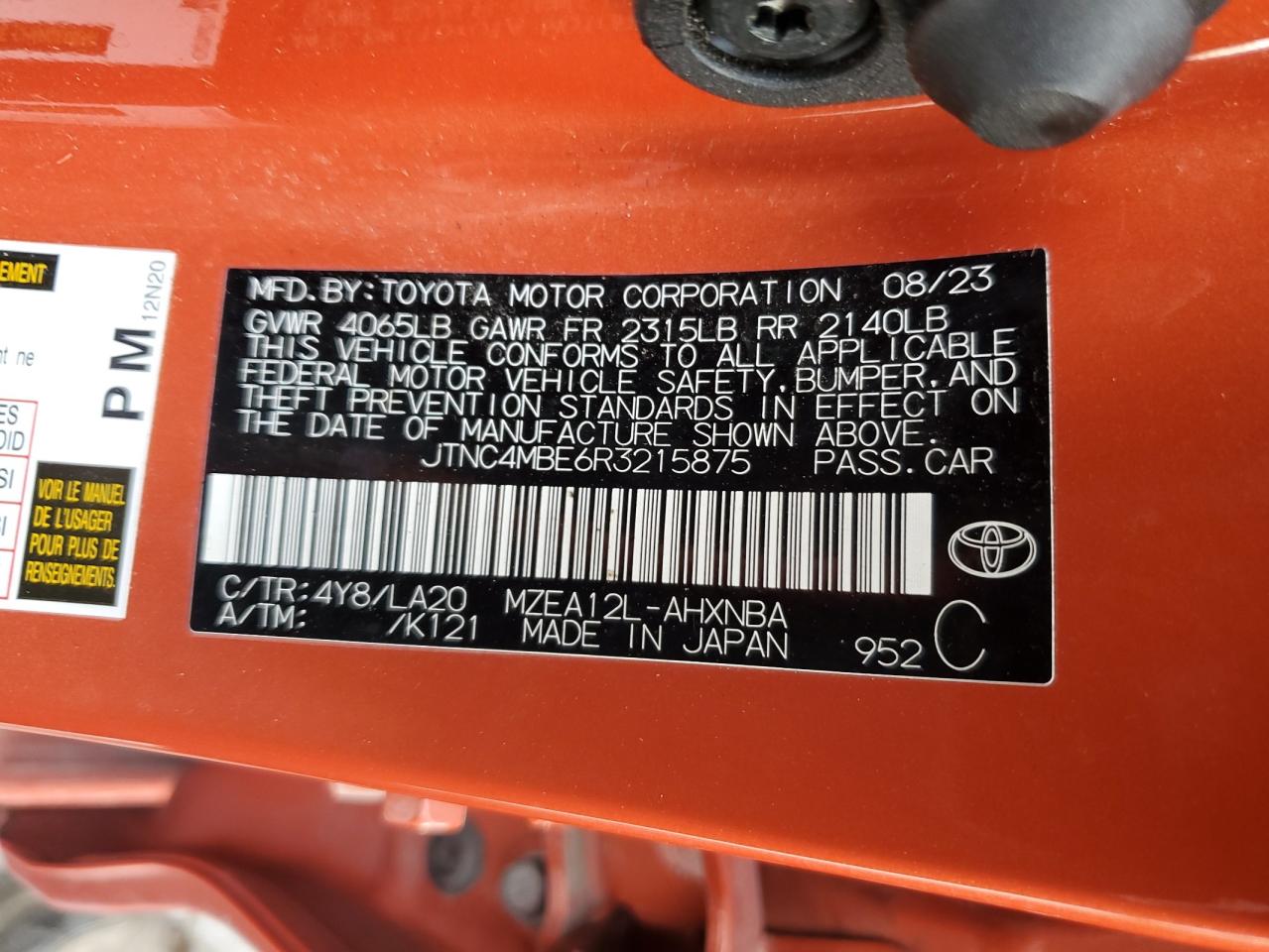 2024 TOYOTA COROLLA XSE VIN:JTNC4MBE6R3215875