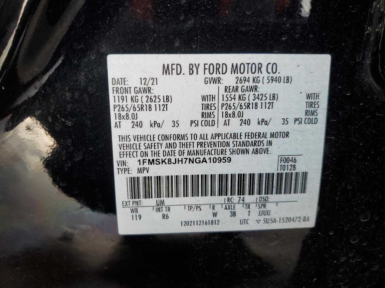 2022 FORD EXPLORER TIMBERLINE VIN:1FMSK8JH7NGA10959