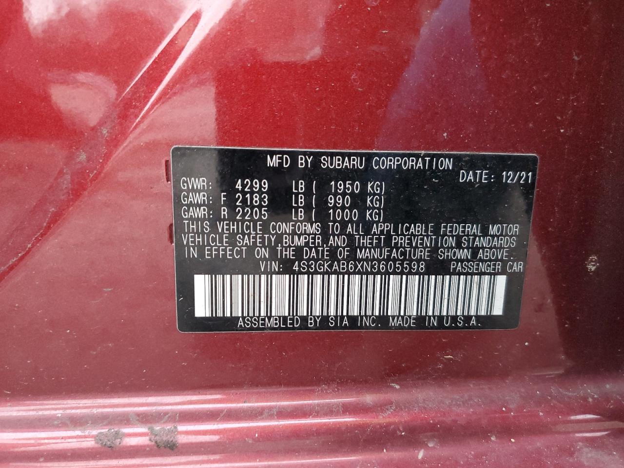 2022 SUBARU IMPREZA  VIN:4S3GKAB6XN3605598