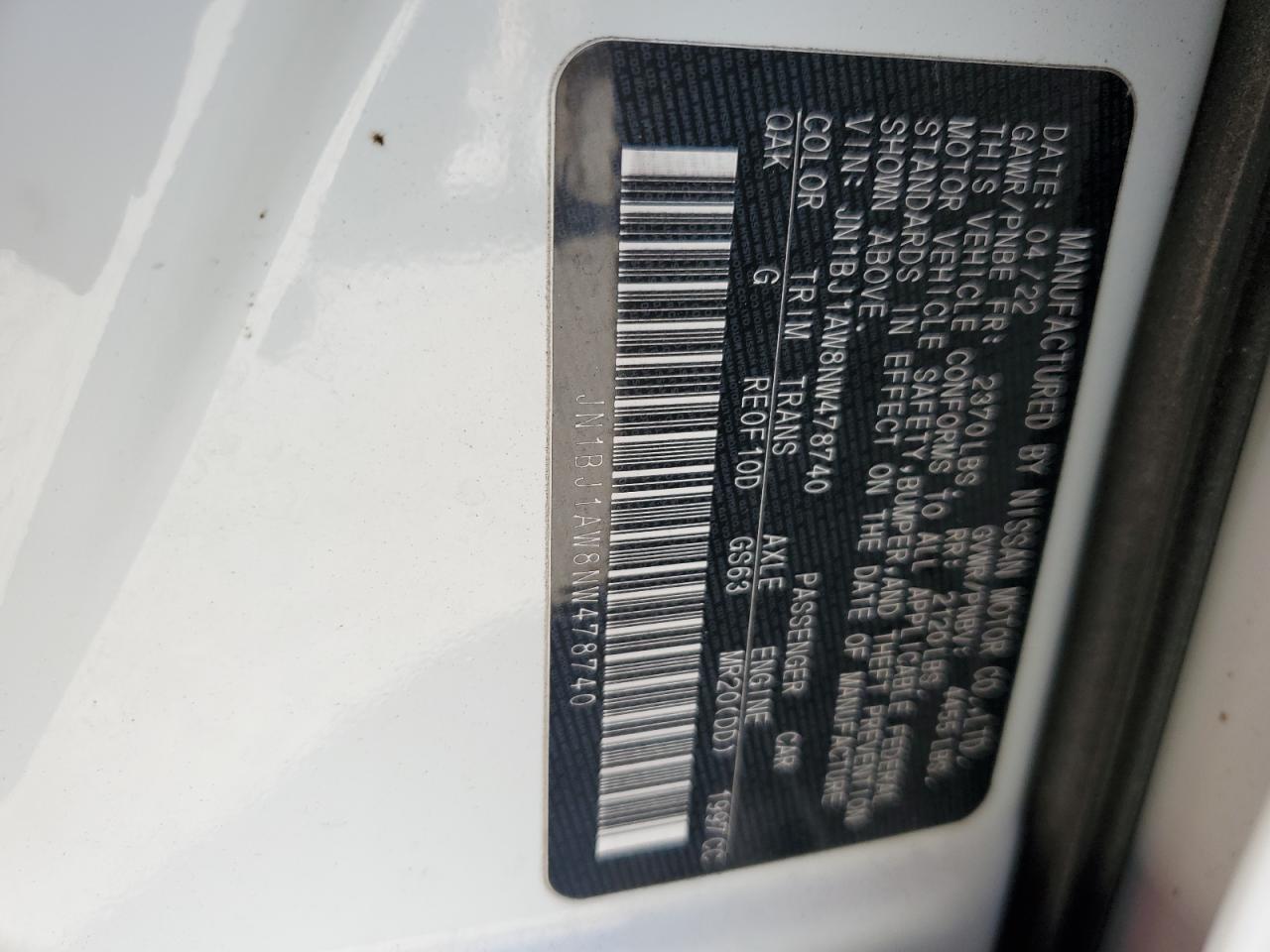 2022 NISSAN ROGUE SPORT S VIN:JN1BJ1AW8NW478740