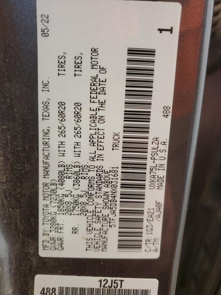 2022 TOYOTA TUNDRA CREWMAX LIMITED VIN:5TFJA5DB4NX031681
