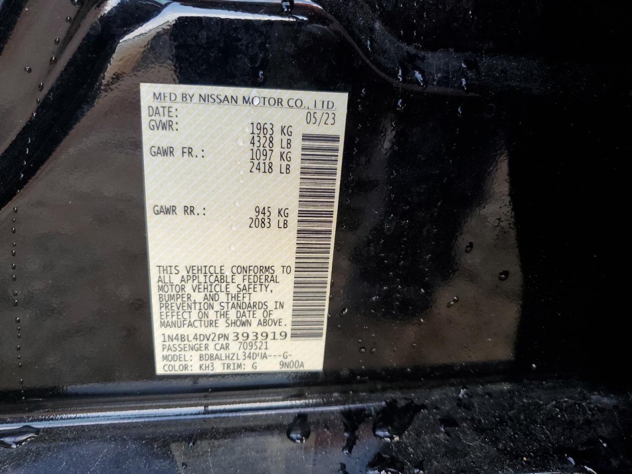 2023 NISSAN ALTIMA SV VIN:1N4BL4DV2PN393919