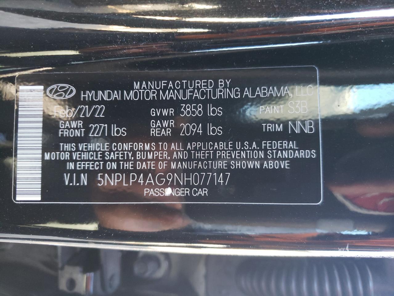 2022 HYUNDAI ELANTRA LIMITED VIN:5NPLP4AG9NH077147