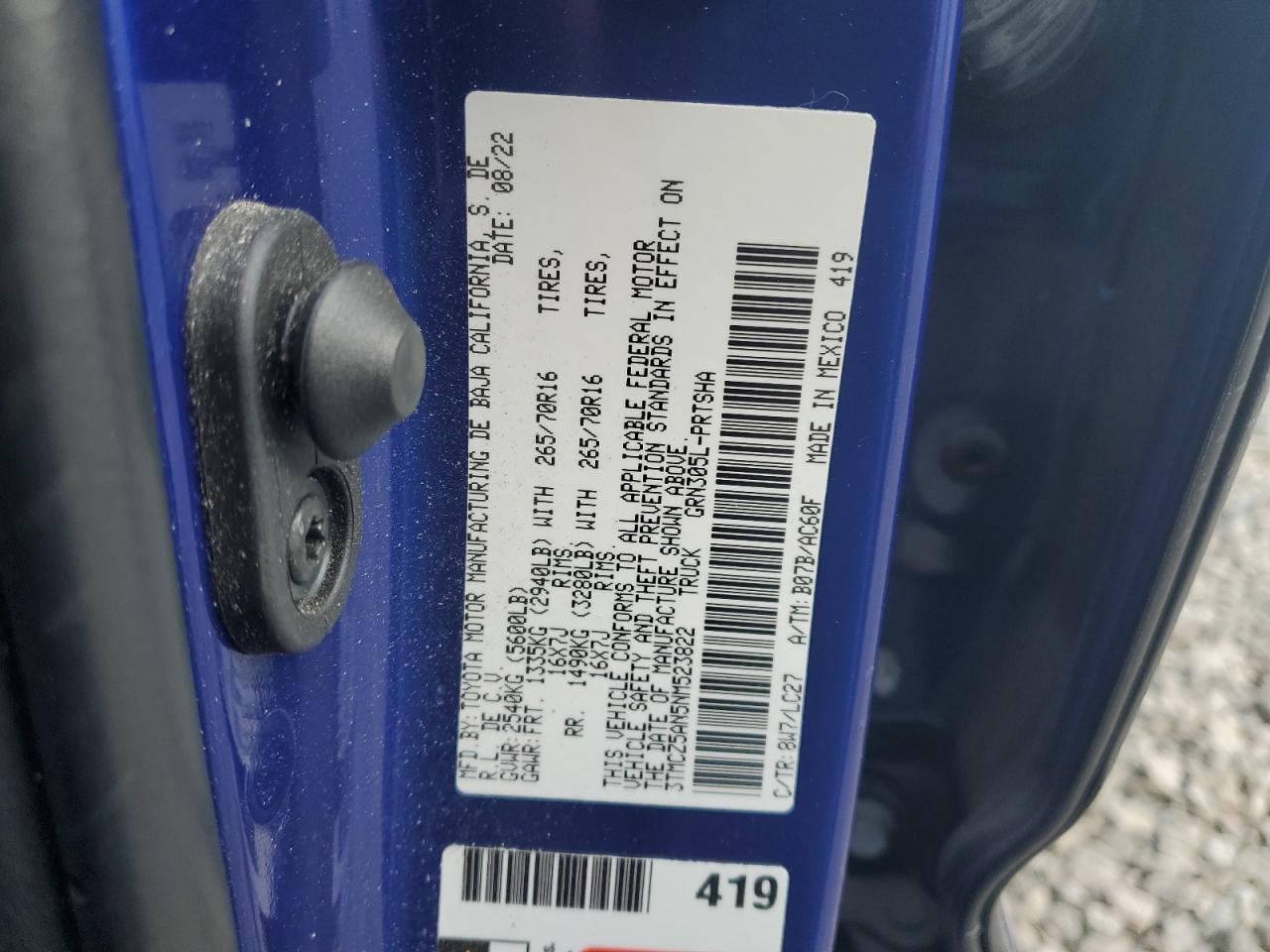 2022 TOYOTA TACOMA DOUBLE CAB VIN:3TMCZ5AN5NM523822