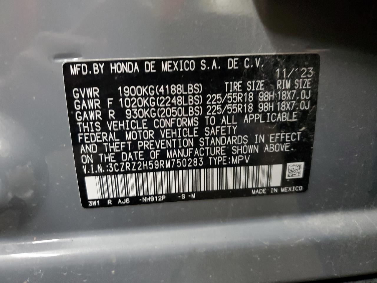 2024 HONDA HR-V SPORT VIN:3CZRZ2H59RM750283