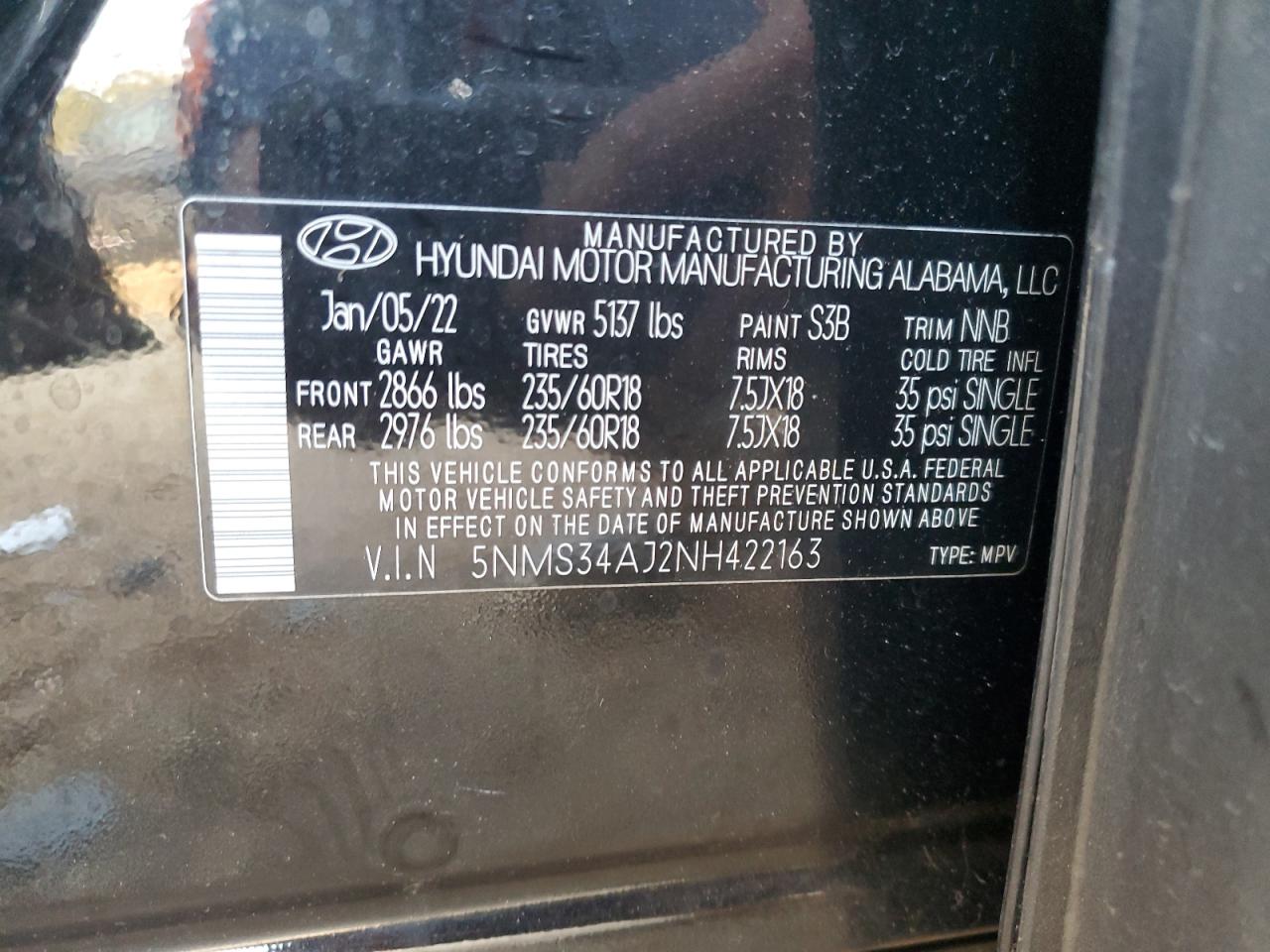 2022 HYUNDAI SANTA FE SEL VIN:5NMS34AJ2NH422163
