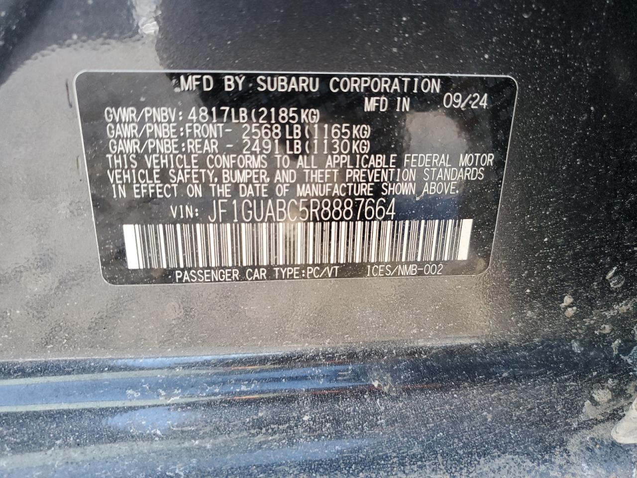 2024 SUBARU IMPREZA  VIN:JF1GUABC5R8887664