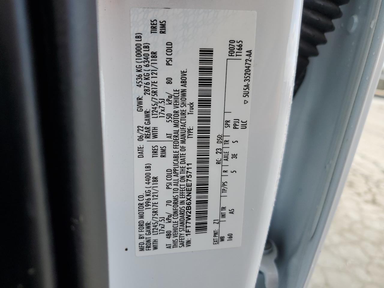 2022 FORD F250 SUPER DUTY VIN:1FT7W2B6XNEE75711