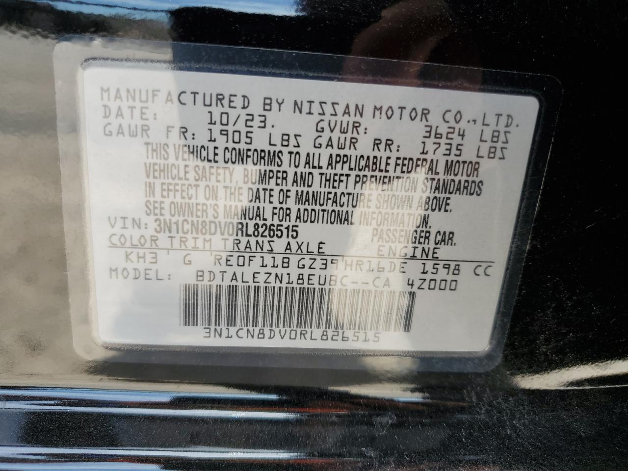 2024 NISSAN VERSA S VIN:3N1CN8DV0RL826515