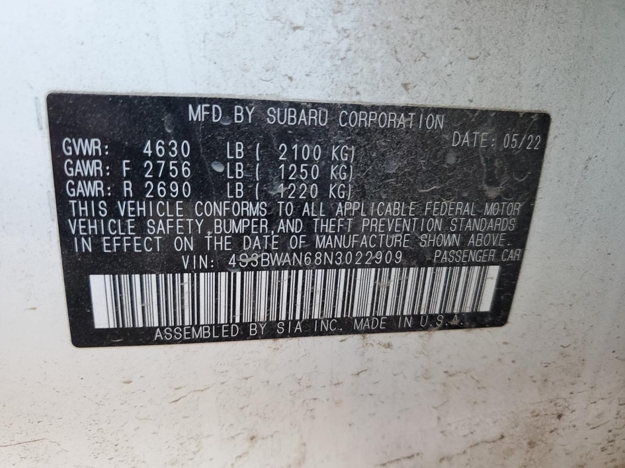 2022 SUBARU LEGACY LIMITED VIN:4S3BWAN68N3022909