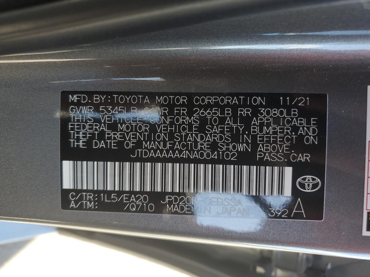 2022 TOYOTA MIRAI LE VIN:JTDAAAAA4NA004102