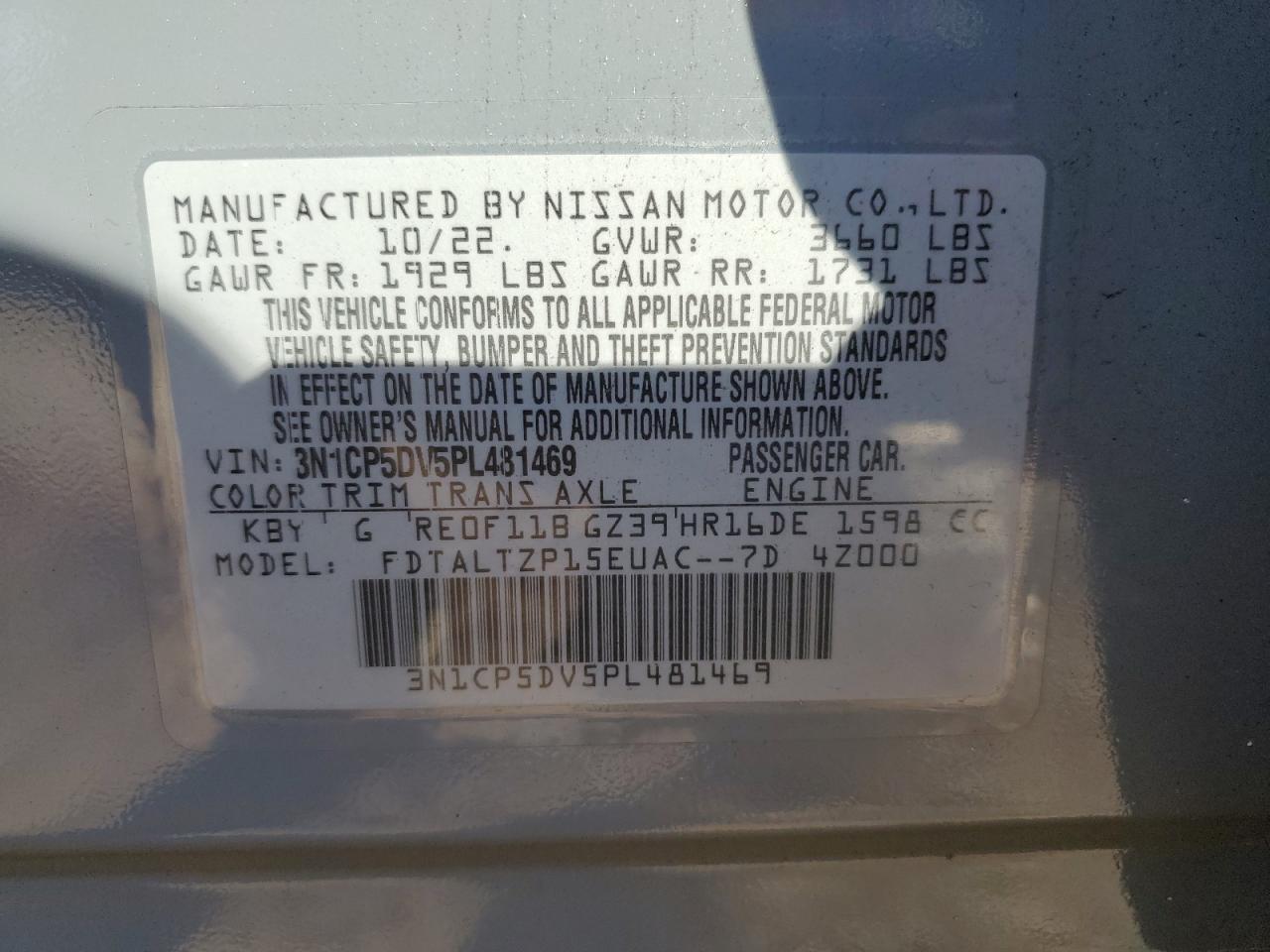 2023 NISSAN KICKS SR VIN:3N1CP5DV5PL481469