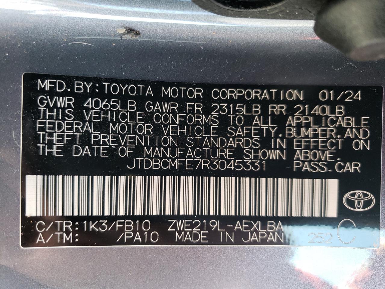 2024 TOYOTA COROLLA LE VIN:JTDBCMFE7R3045331